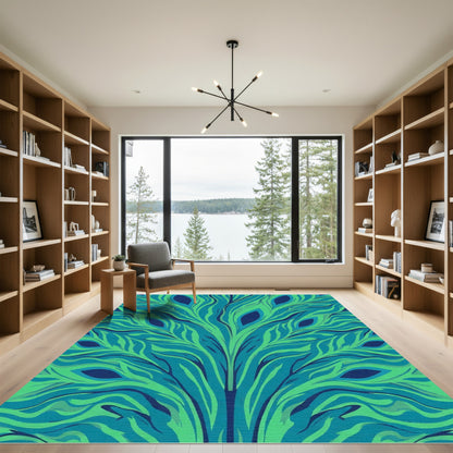 Blue Green Feather Fluid Lines Rug