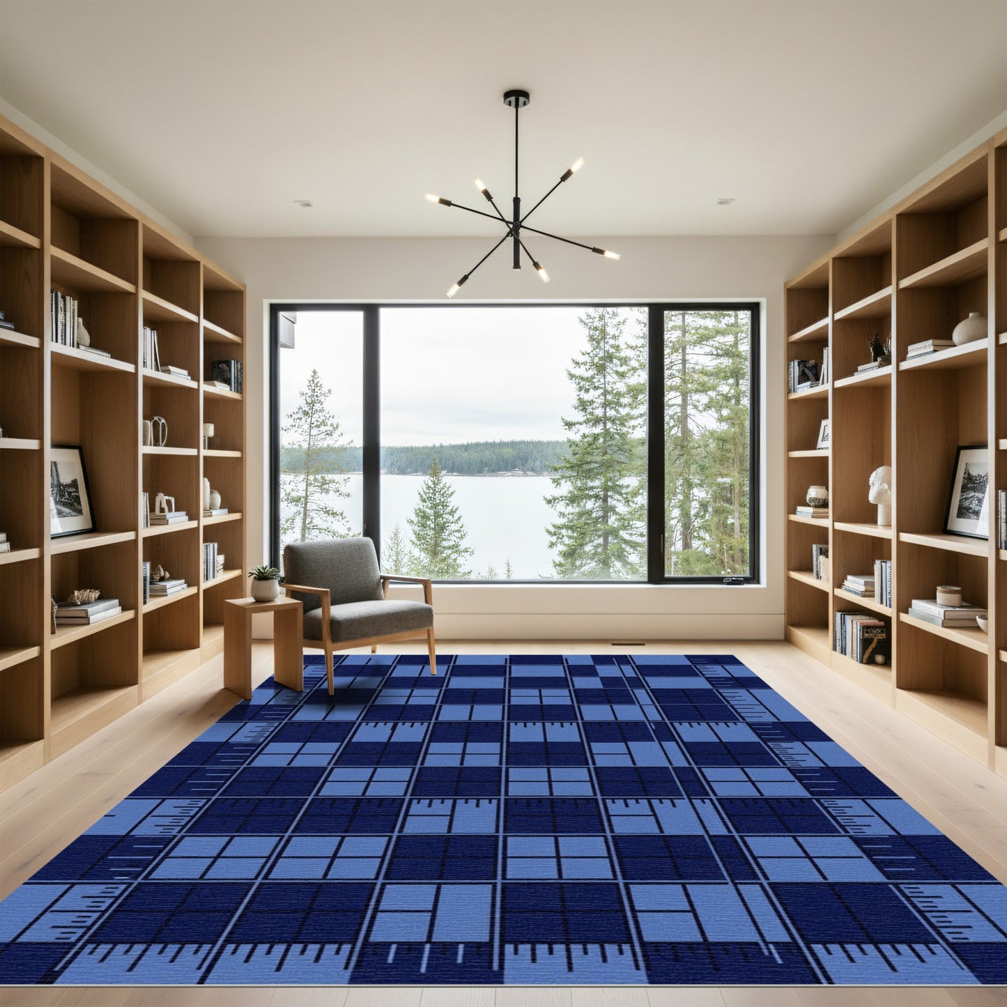 Deep Blue Ruler Grid Composition Rug