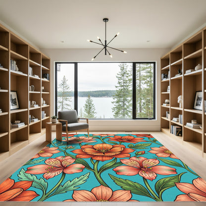 Vibrant Coral Floral Garden Rug