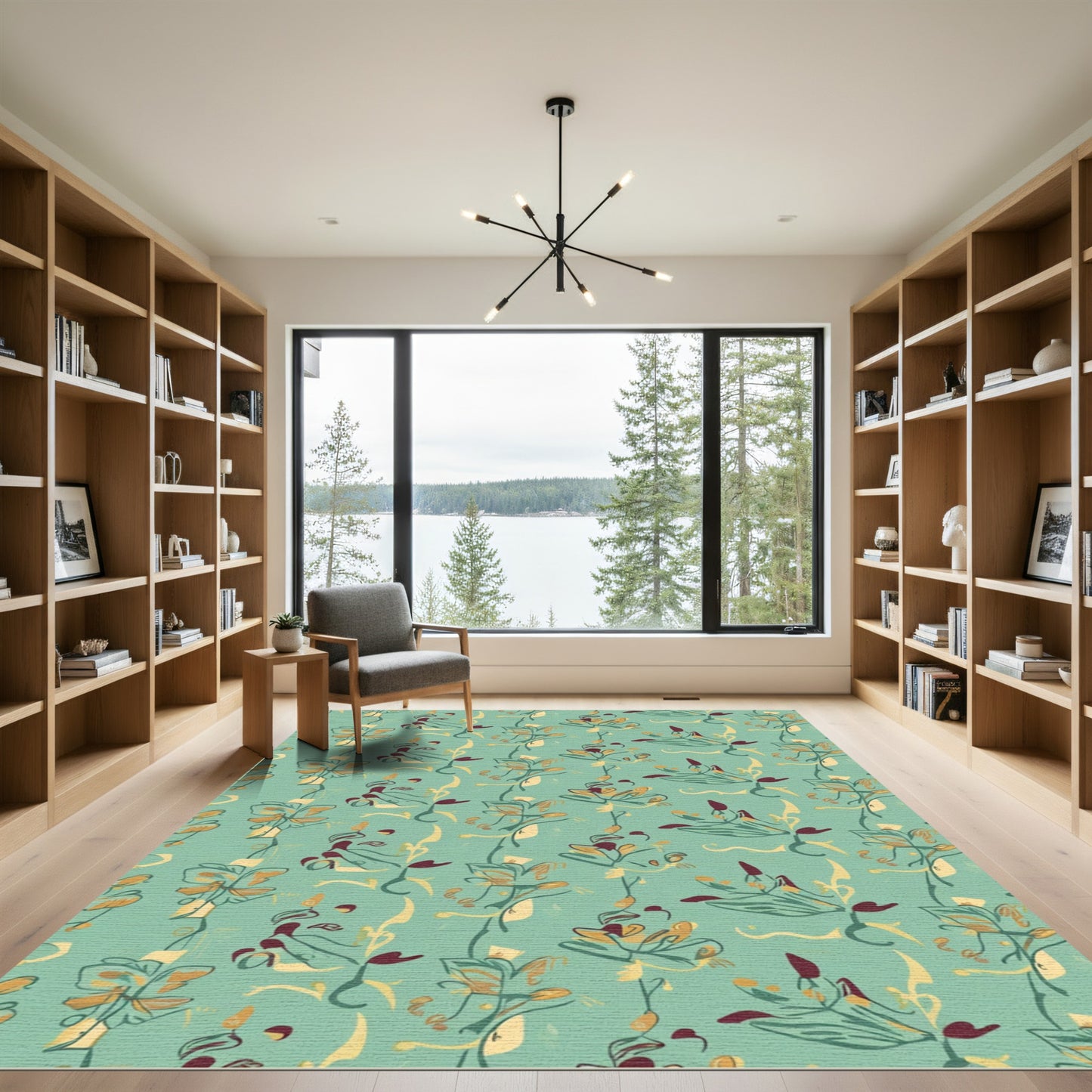 Teal Botanical Sketch Flower Arrangement Rug