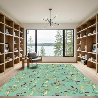 Teal Botanical Sketch Flower Arrangement Rug