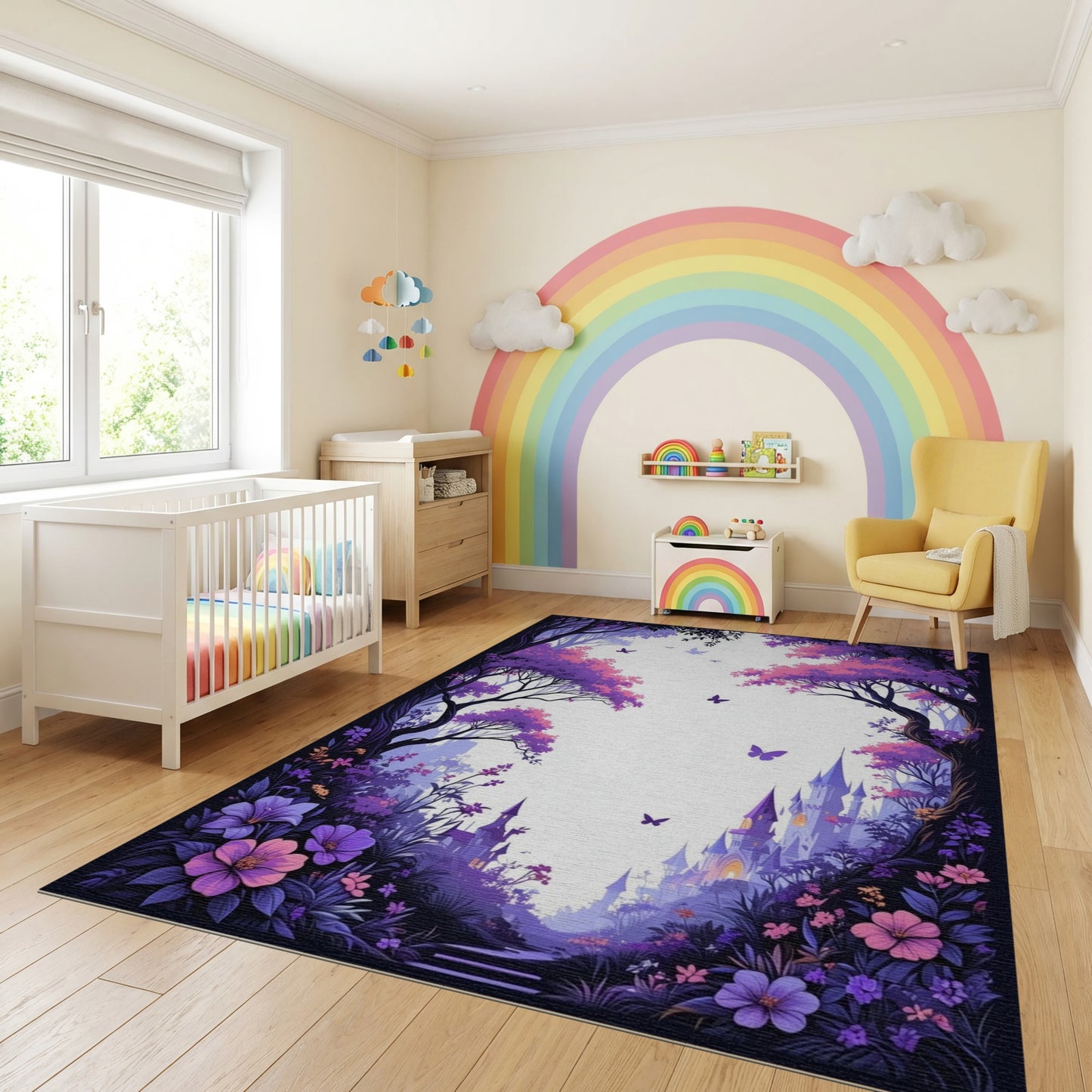 Dreamy Purple Forest Castle Butterflies Rug