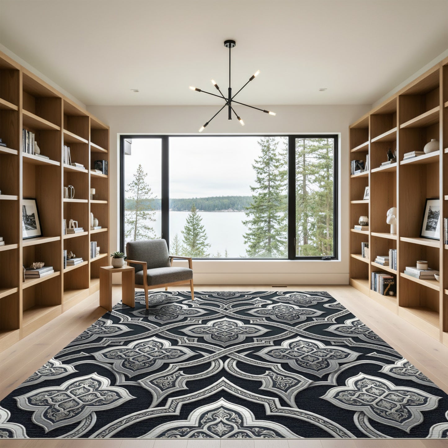 Elegant Silver Damask Interlocking Scroll Rug