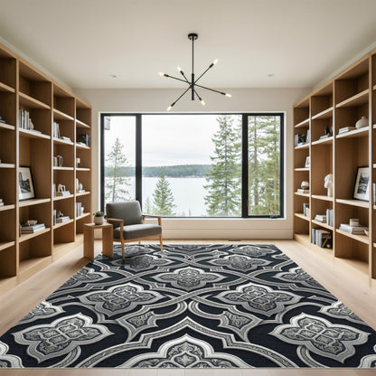 Elegant Silver Damask Interlocking Scroll Rug