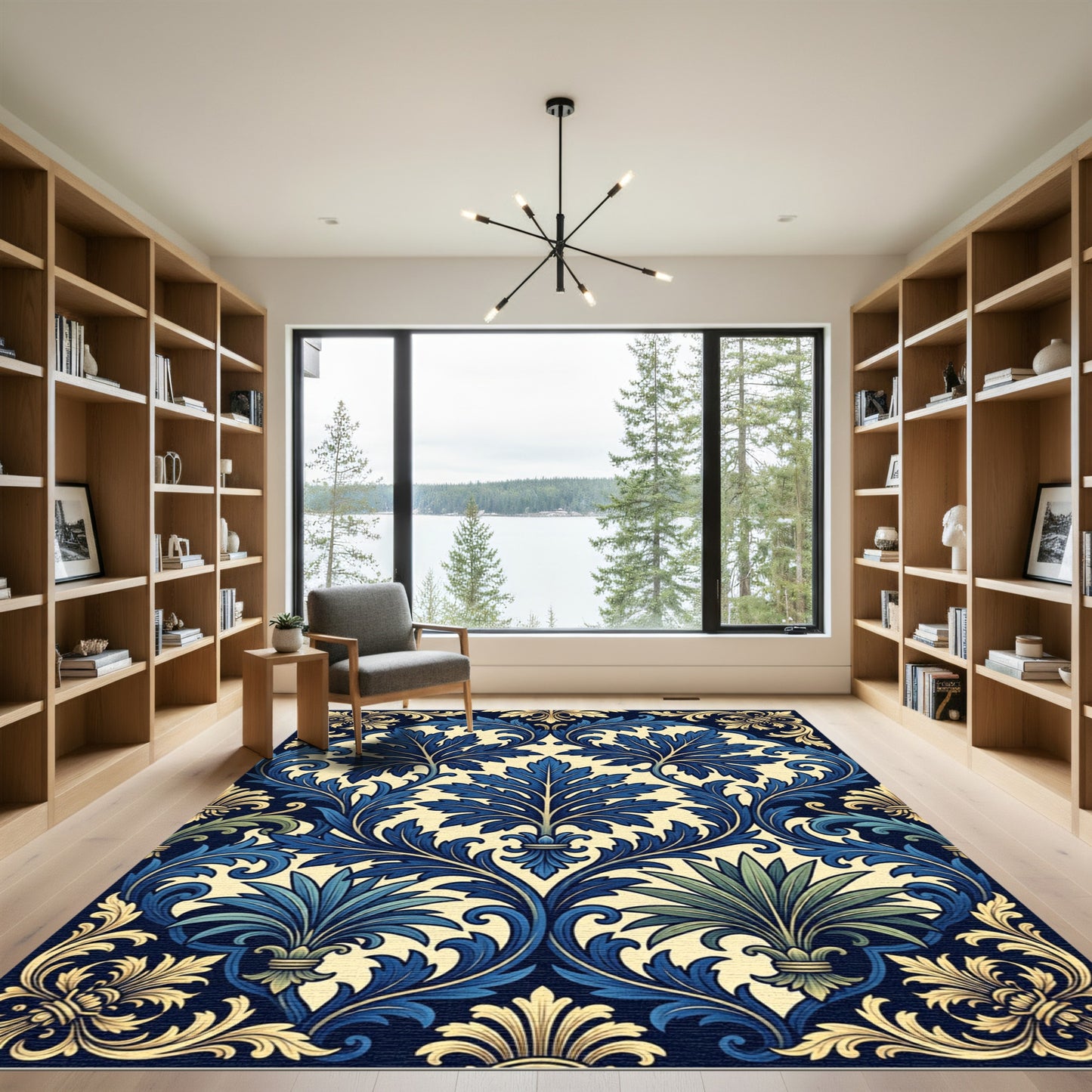 Elegant Navy Blue Acanthus Leaf Scroll Rug