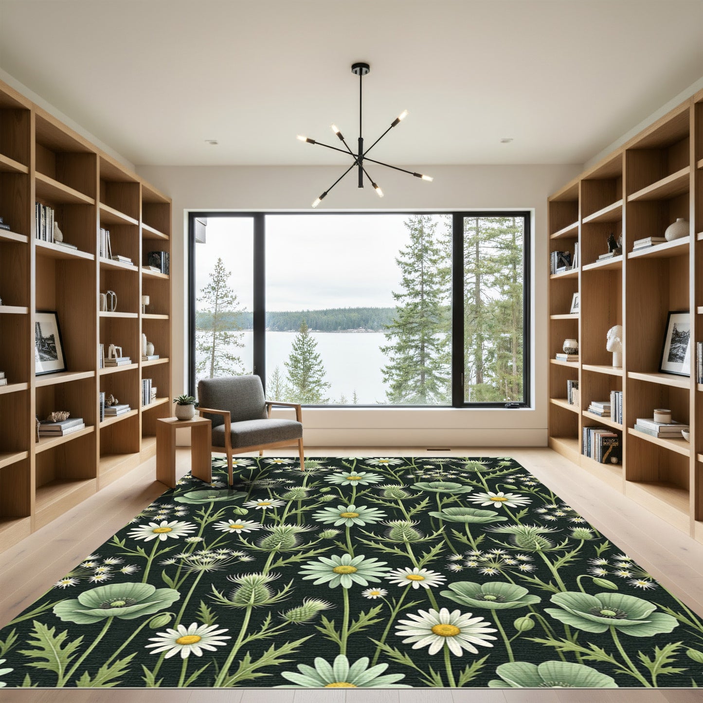 Dark Botanical Wildflower Meadow Illustration Rug