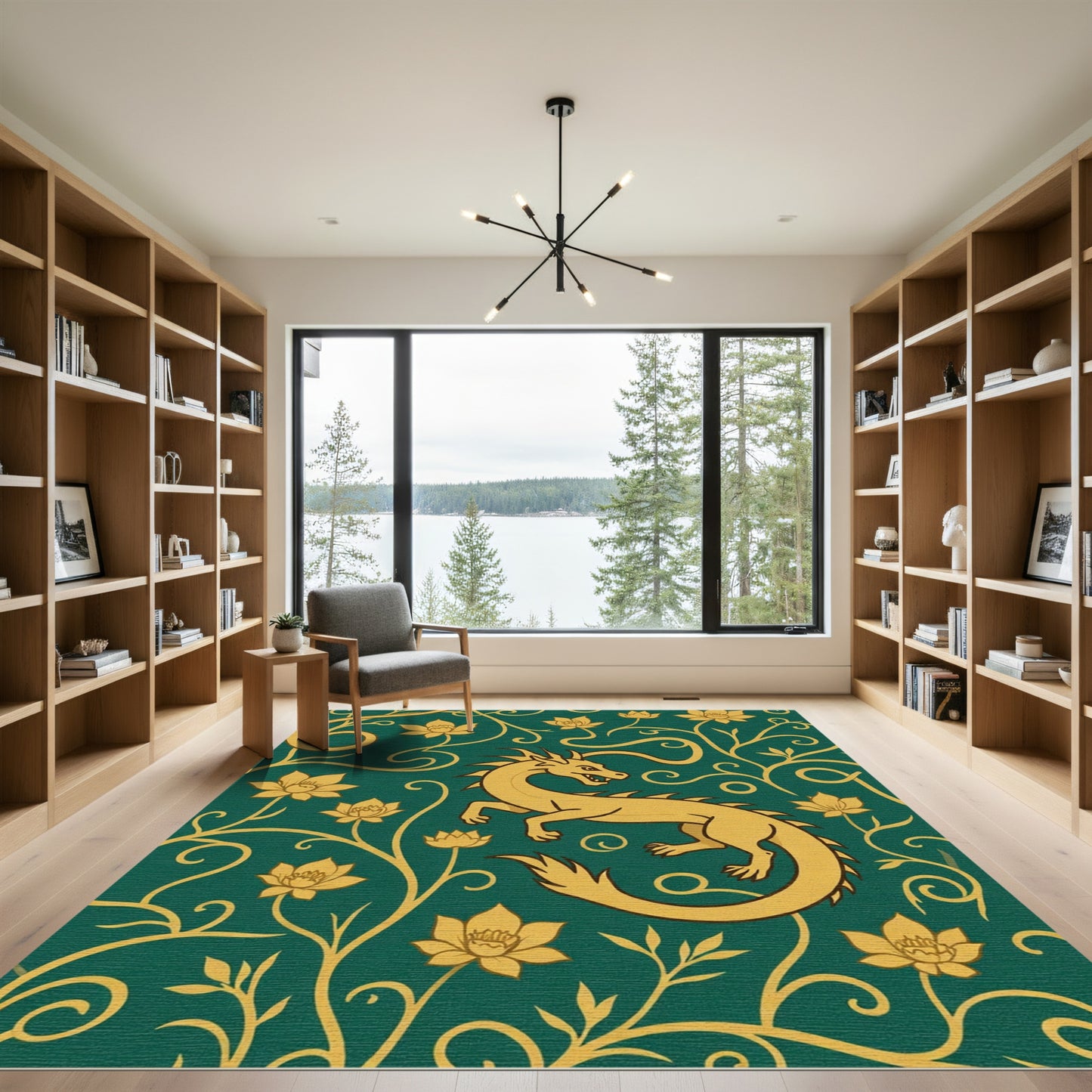 Golden Dragon Emerald Floral Swirl Rug
