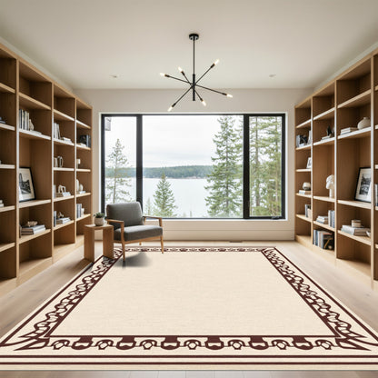 Rich Brown Geometric Vine Border Rug
