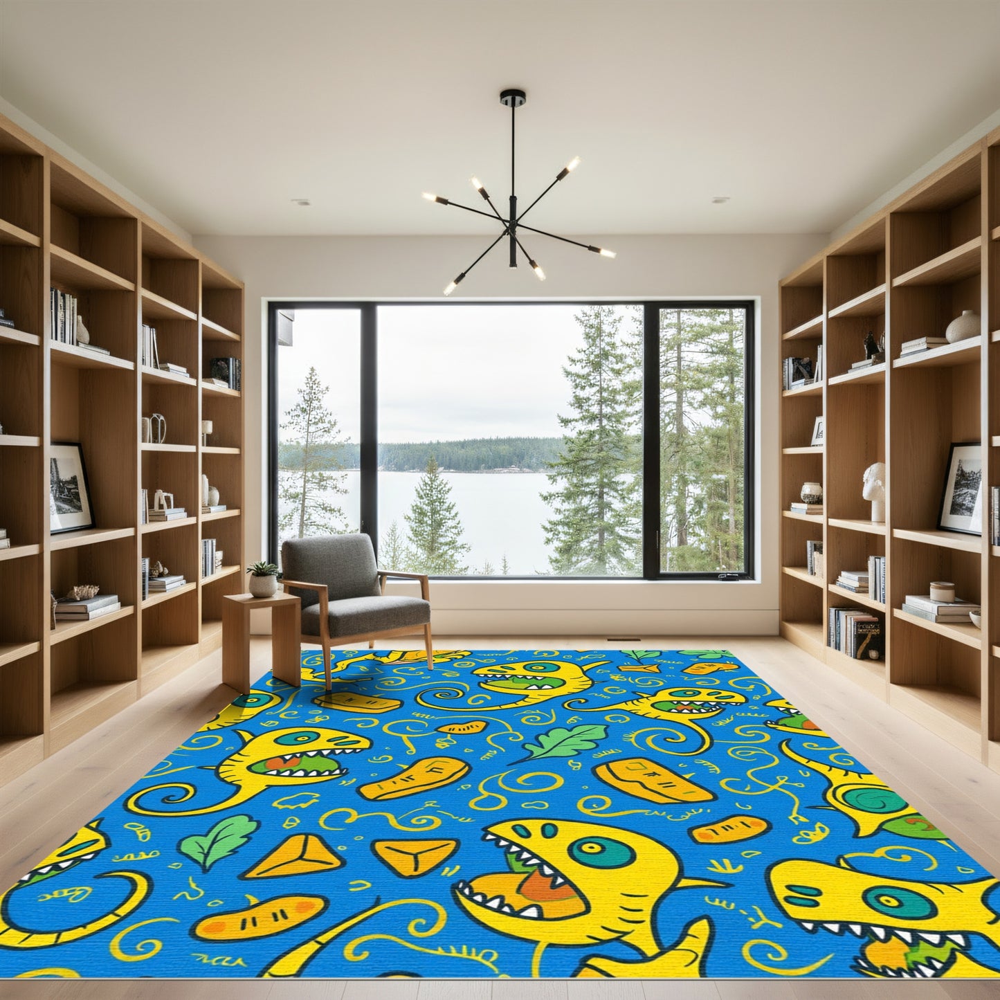 Silly Yellow Dinosaur Blue Whimsical Rug