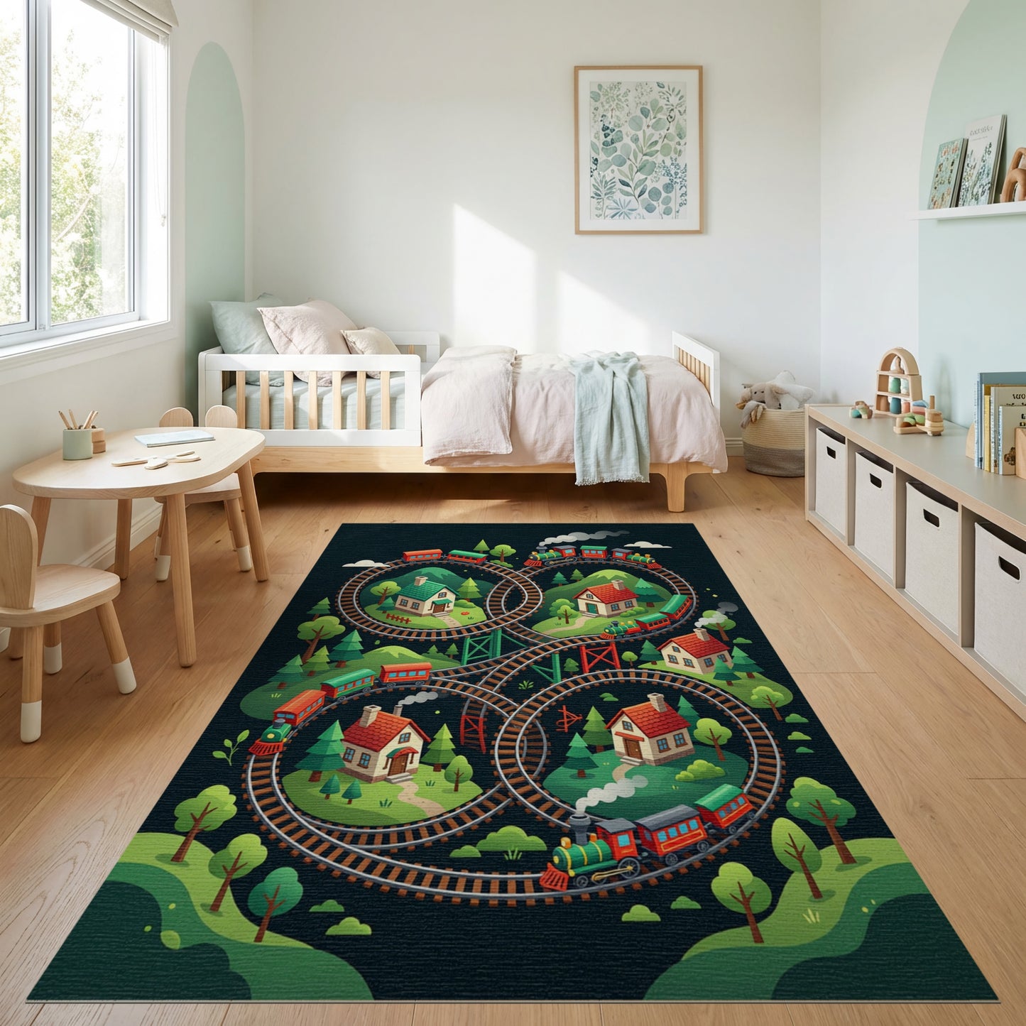 Whimsical Train Loop Village Forest Rug