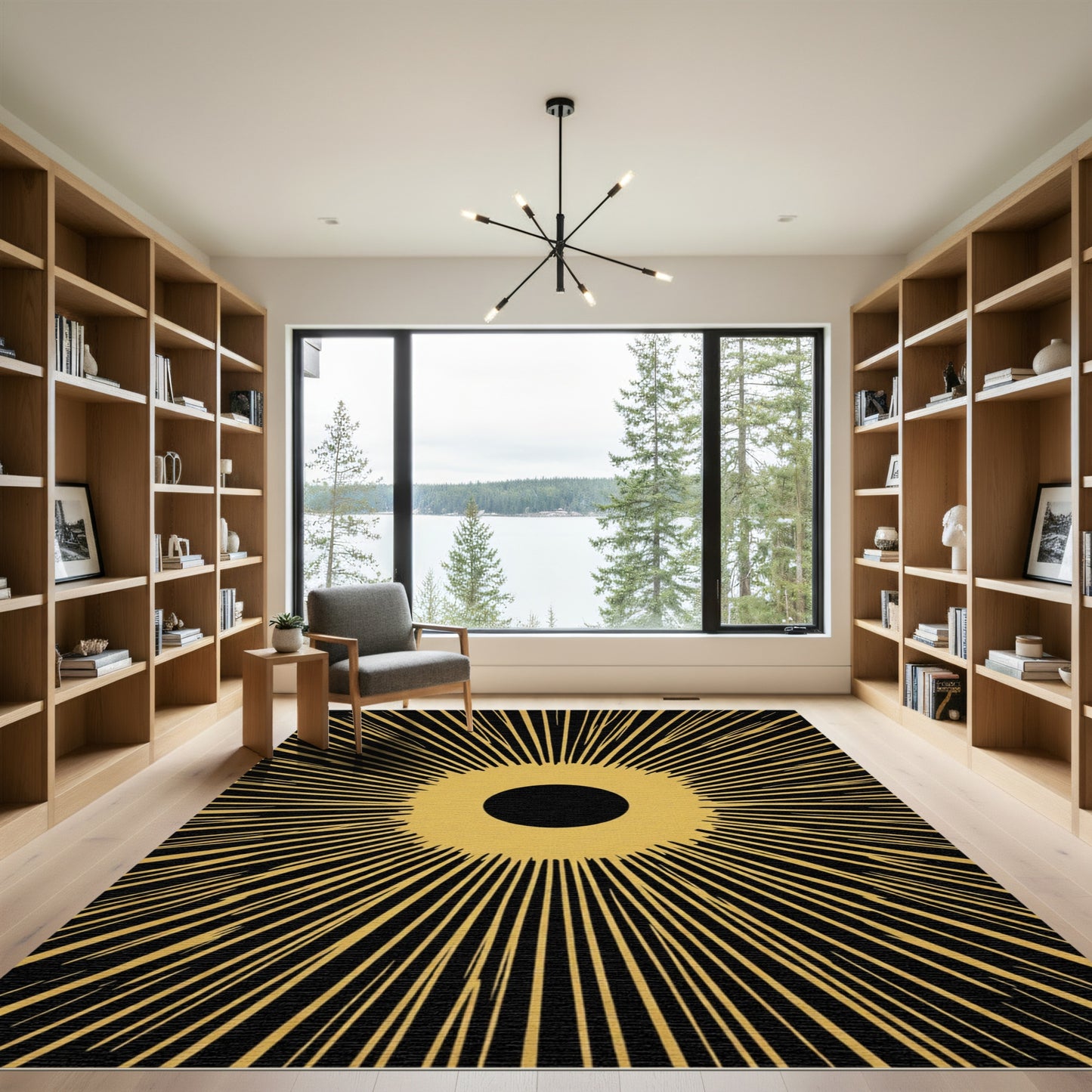 Golden Black Sunburst Rays Rug