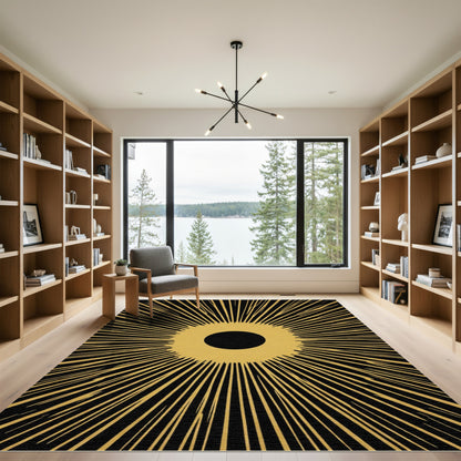 Golden Black Sunburst Rays Rug