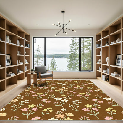 Pastel Floral Branches Brown Background Rug