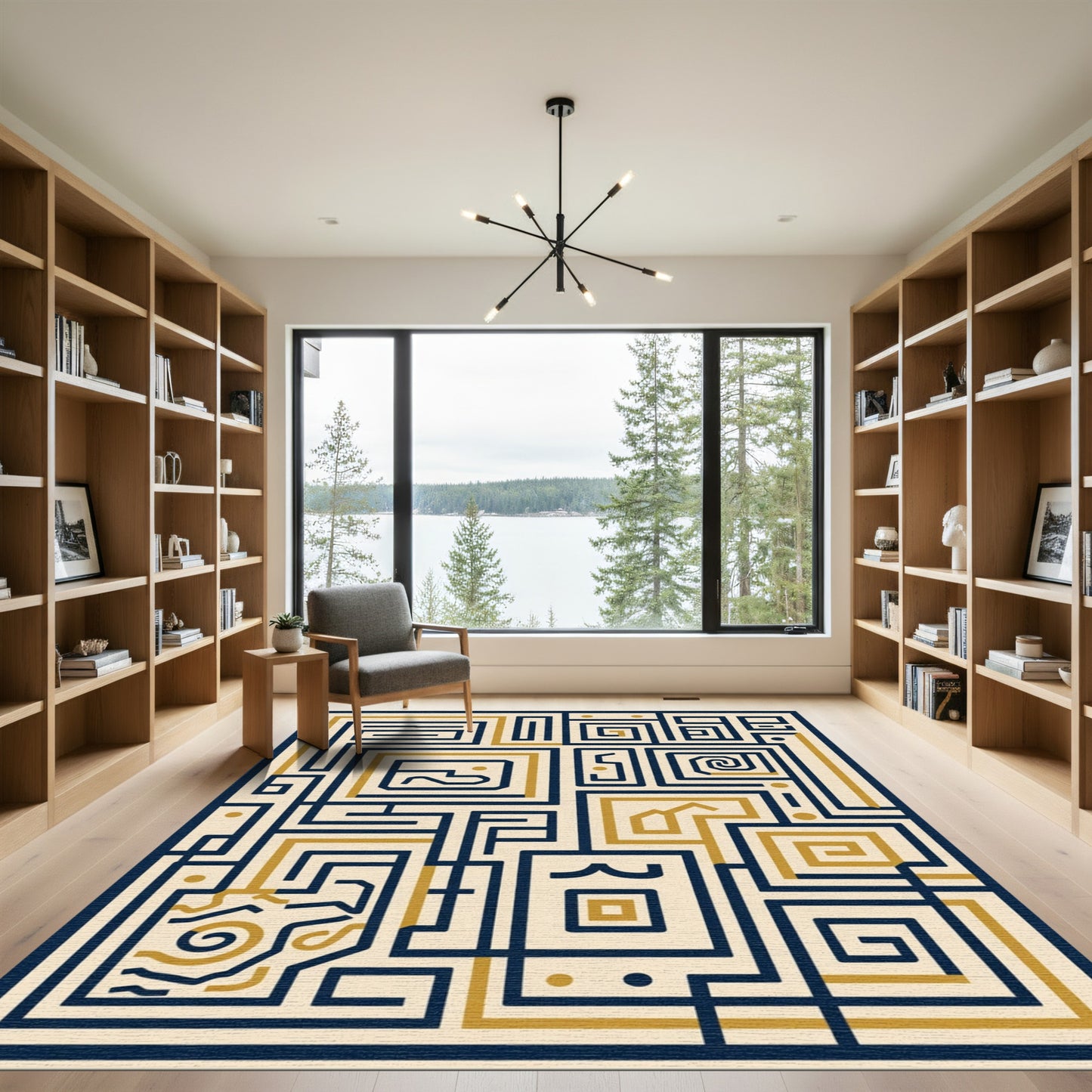 Navy Gold Labyrinth Geometric Harmony Rug