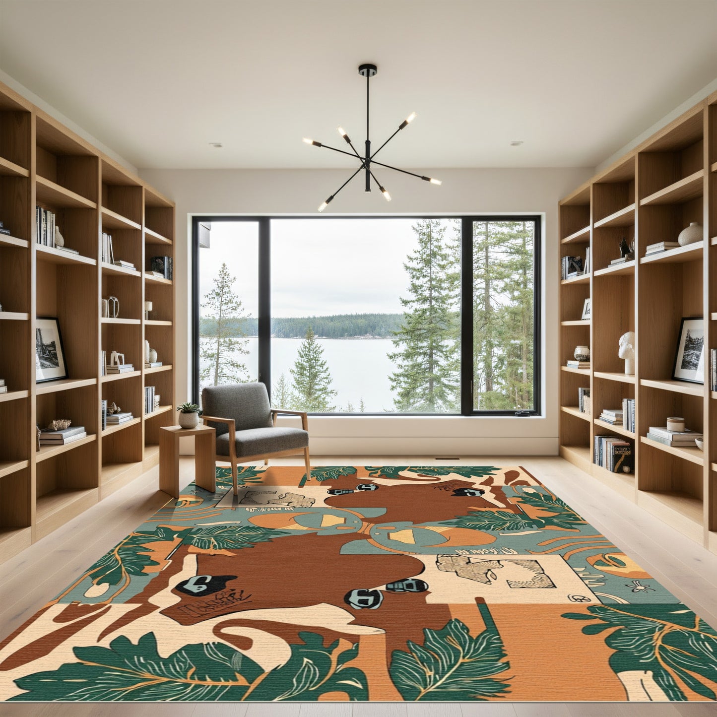 Brown Ochre Green Abstract Leaf Collage Rug