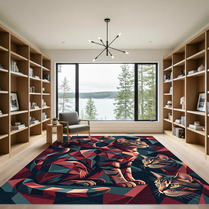Geometric Tabby Cats Red Teal Collage Rug