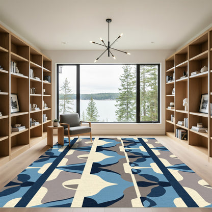 Dark Blue Geometric Floral Symmetry Rug