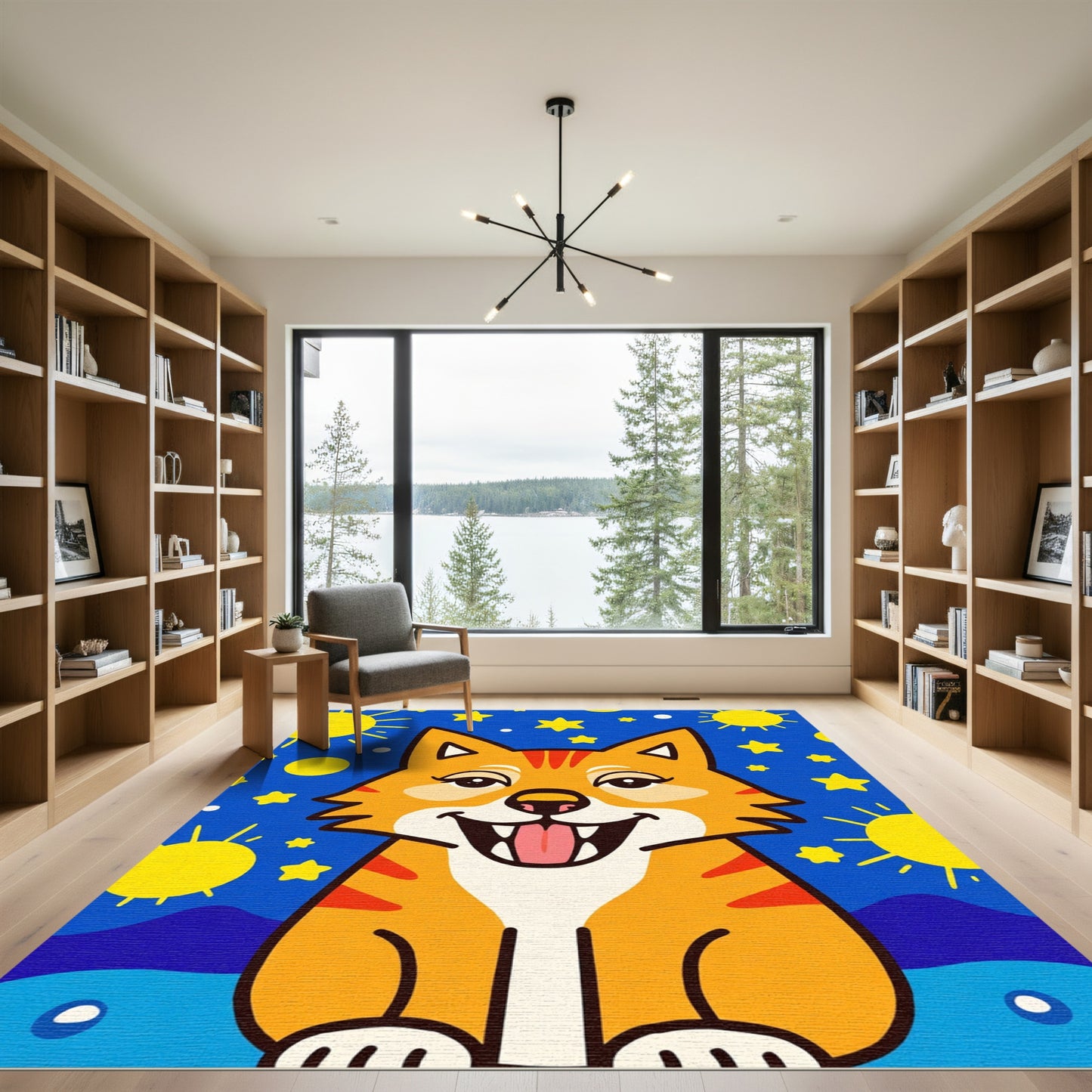 Whimsical Orange Cat Stars Sun Scene Rug