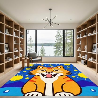 Whimsical Orange Cat Stars Sun Scene Rug