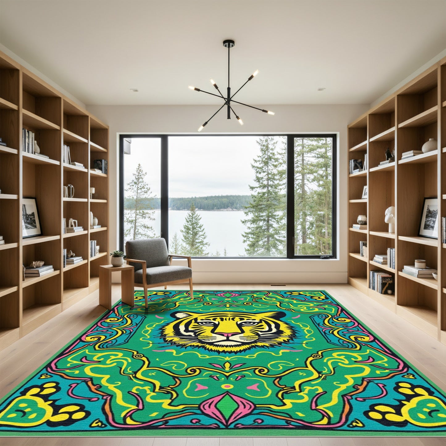 Vibrant Tiger In Ornate Floral Frame Rug