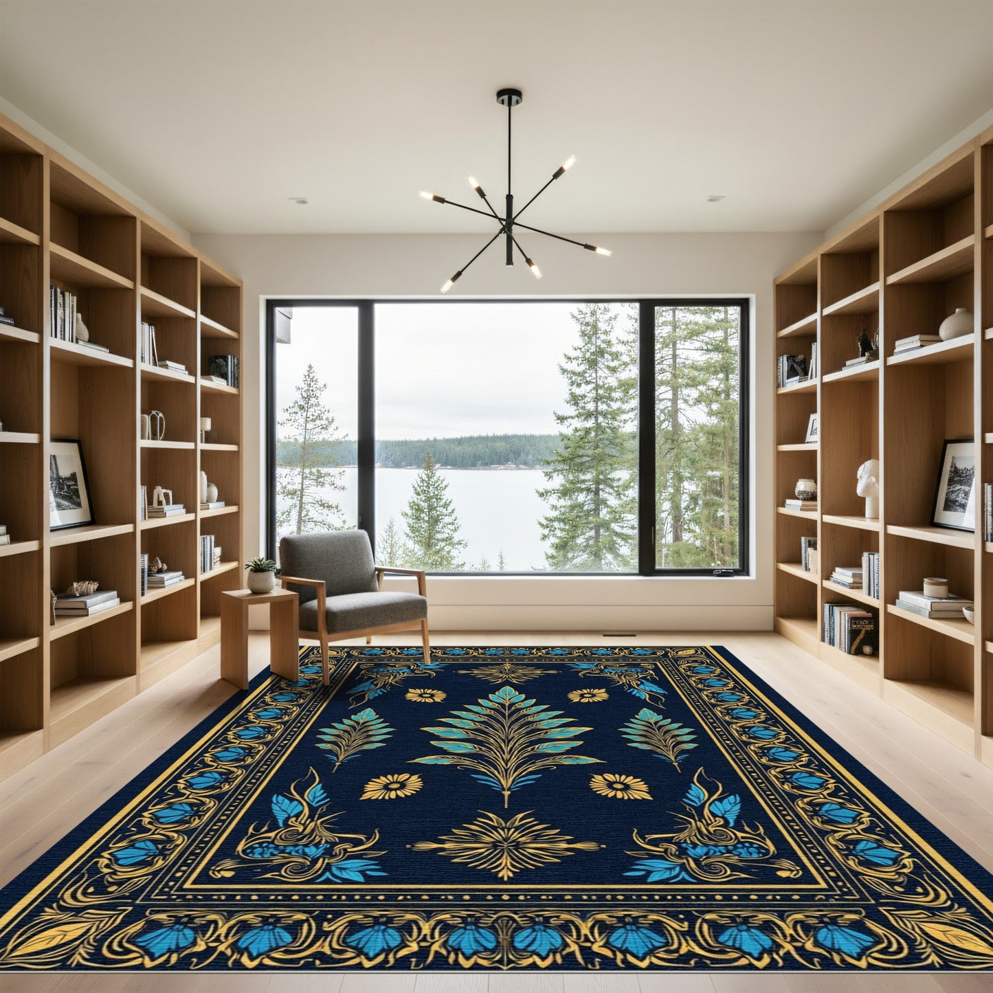 Navy Blue Gold Floral Leaf Art Rug