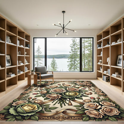 Cream Rose Bouquet Floral Arrangement Rug