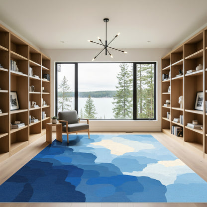 Abstract Blue Cloudscape Layered Rug