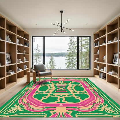 Vibrant Pink Green Floral Medallion Rug