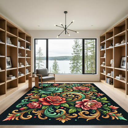 Elegant Teal and Crimson Floral Scroll Rug