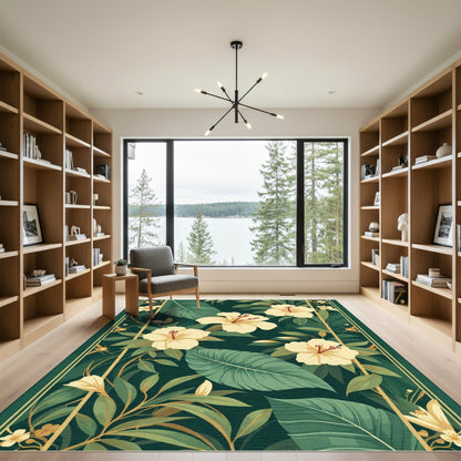 Cream Hibiscus Tropical Jungle Border Rug