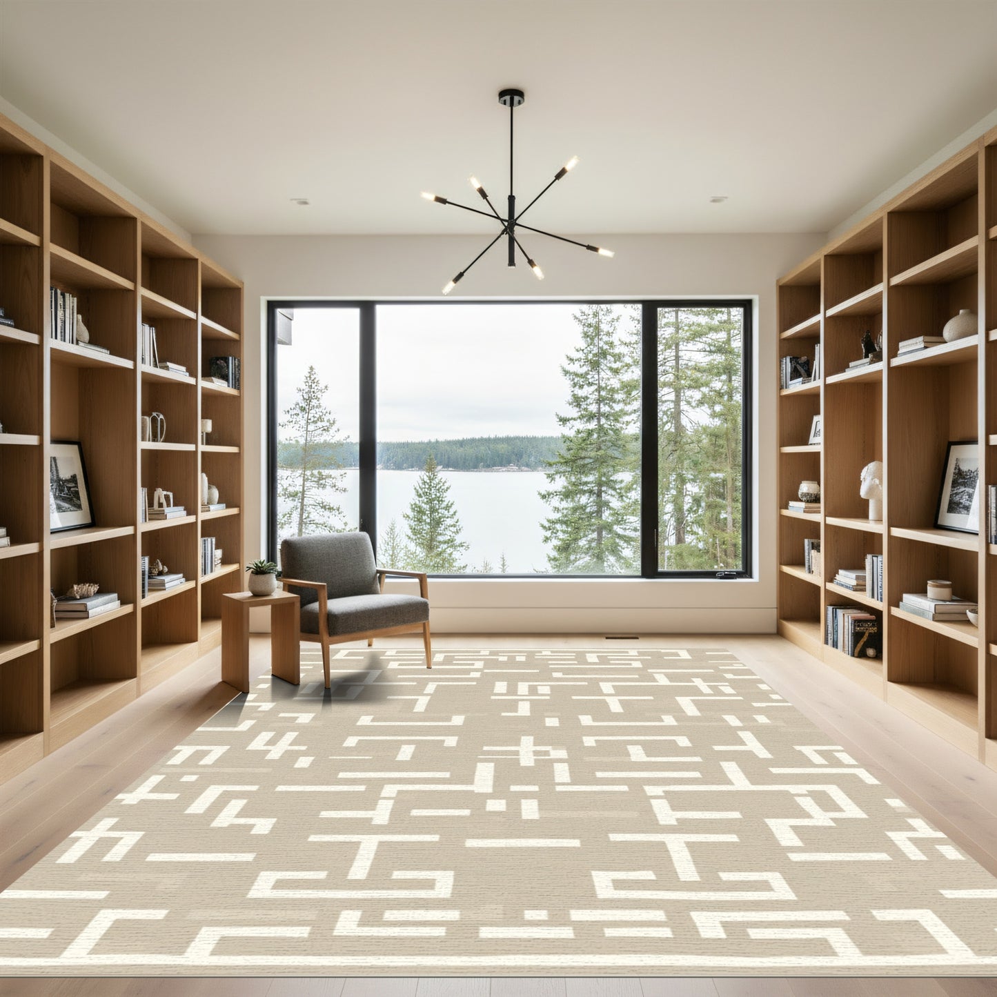 Neutral White Geometric Maze Rug