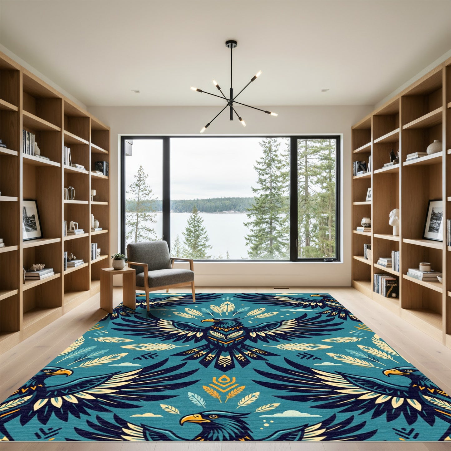 Teal Eagle Tribal Feather Art Rug