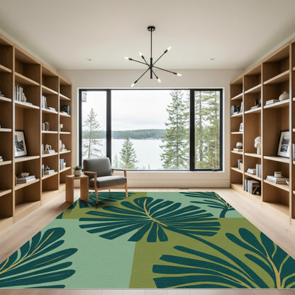 Deep Teal Botanical Leaf Block Print Rug