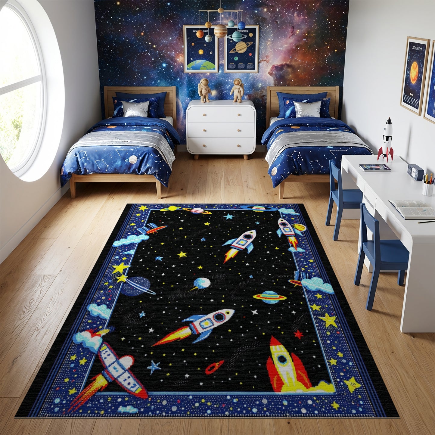 Whimsical Rockets Stars Planets Rug