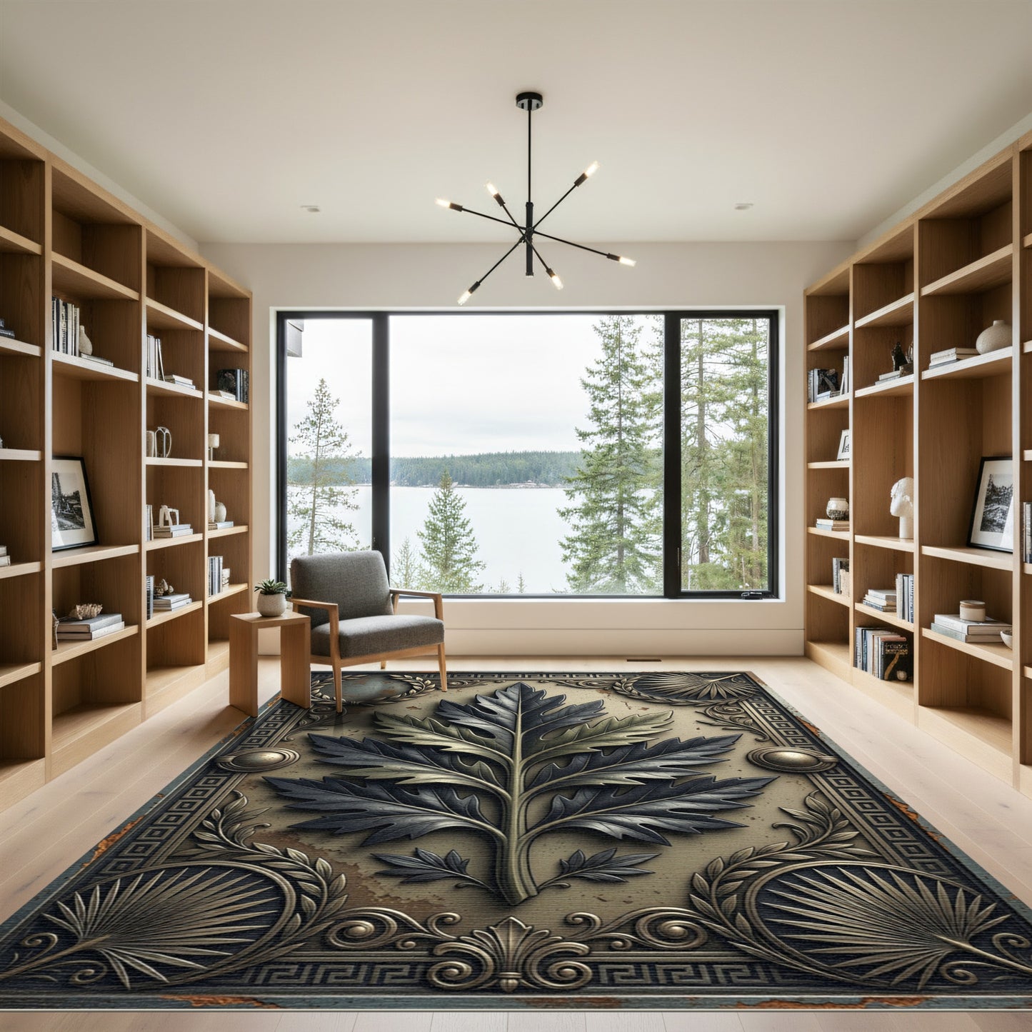 Metallic Gold Acanthus Leaf Greco Border Rug