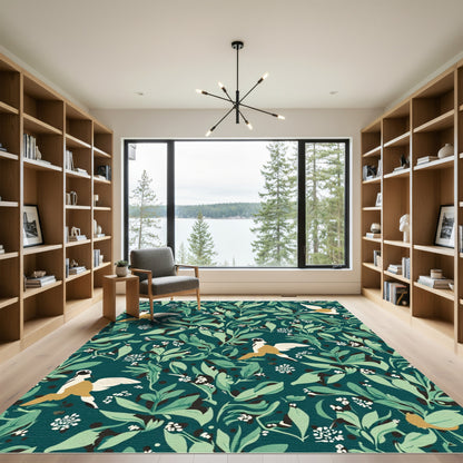 Vintage Teal Bird Floral Pattern Rug