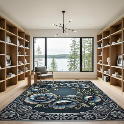 Vintage Blue Poppy Floral Wreath Rug