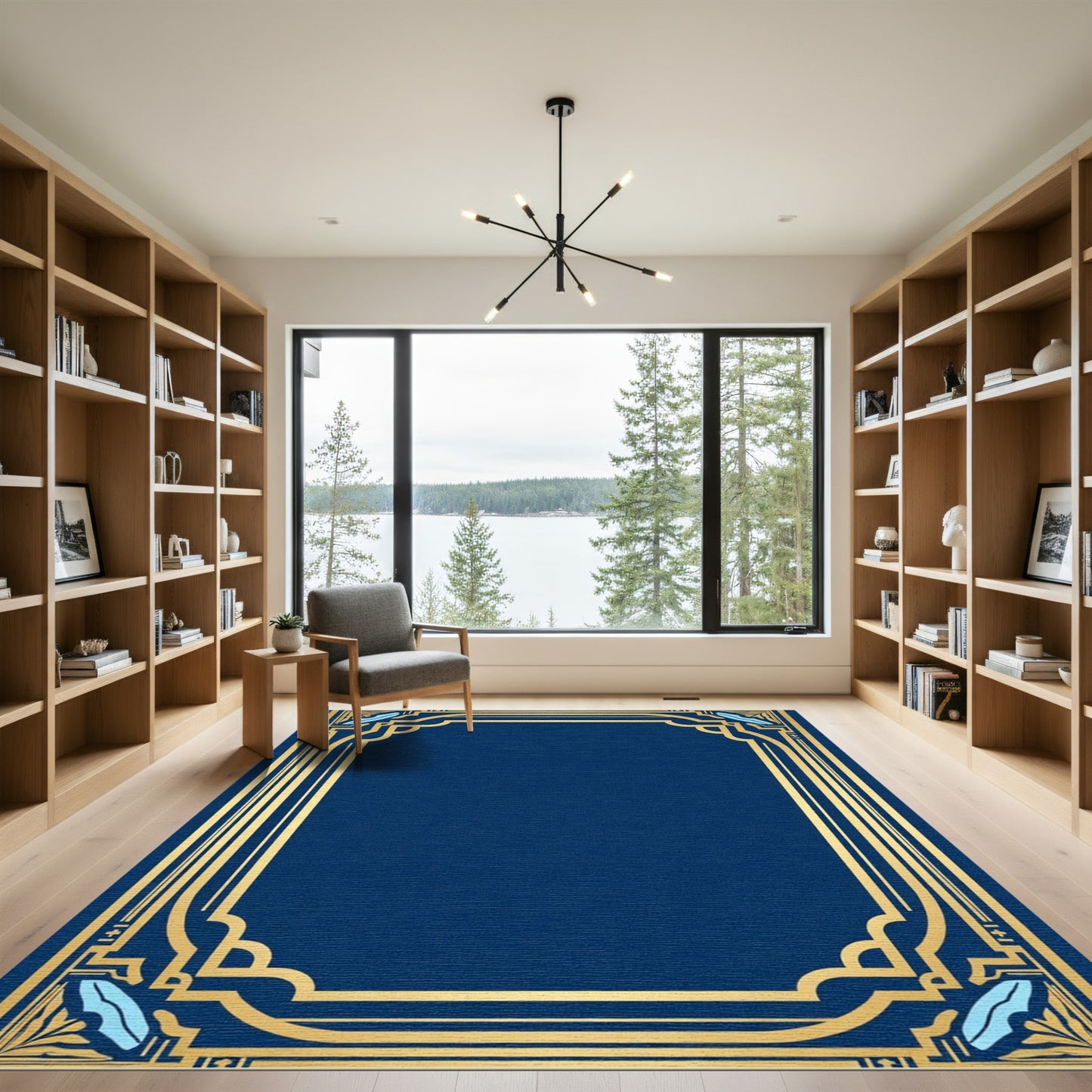 Elegant Navy Gold Geometric Frame Rug
