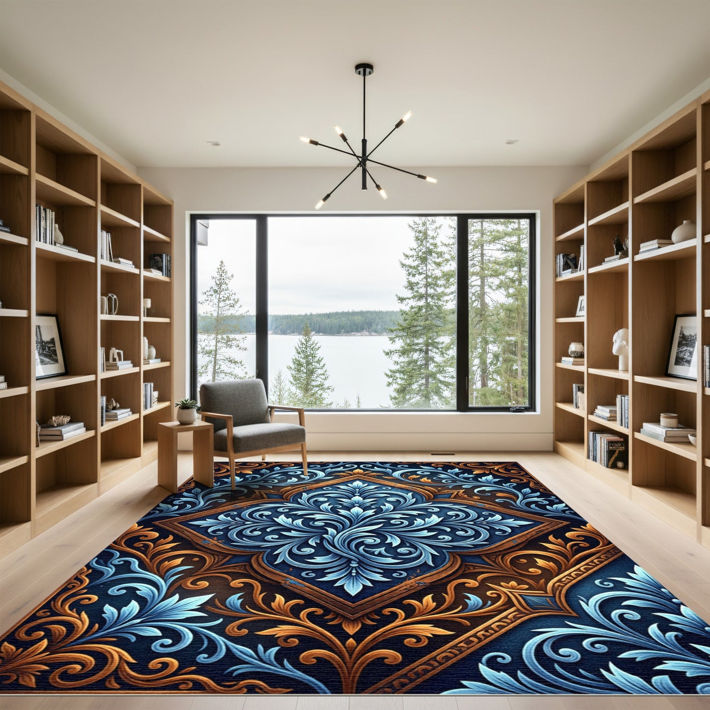 Ornate Navy Gold Damask Scroll Rug