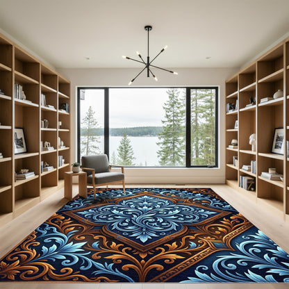 Ornate Navy Gold Damask Scroll Rug