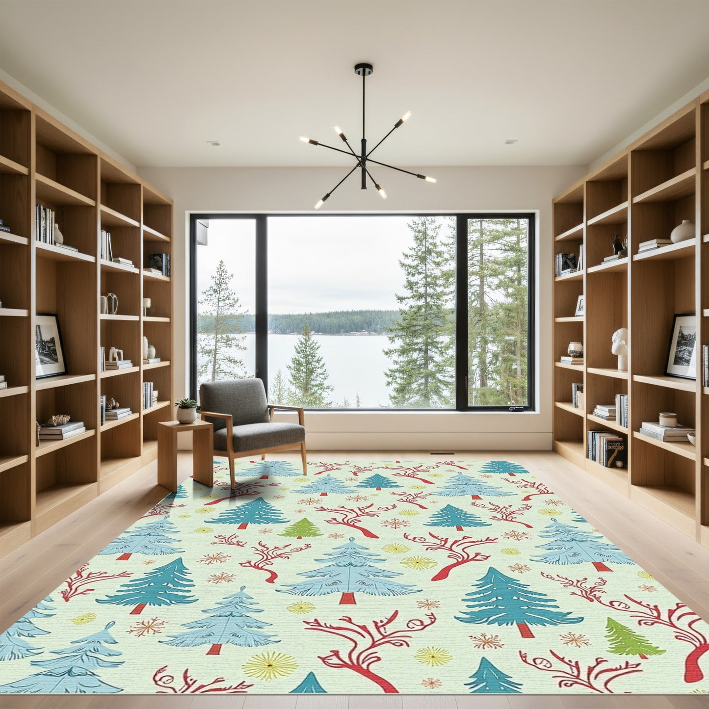 Winter Pine Tree Red Branch Snowflakes Rug