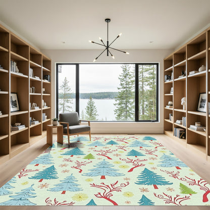 Winter Pine Tree Red Branch Snowflakes Rug