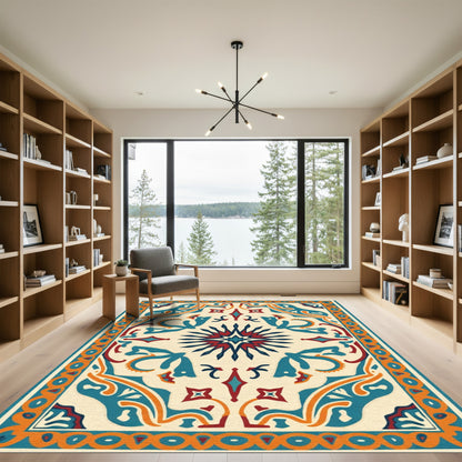 Aqua Crimson Sunburst Geometric Medallion Rug
