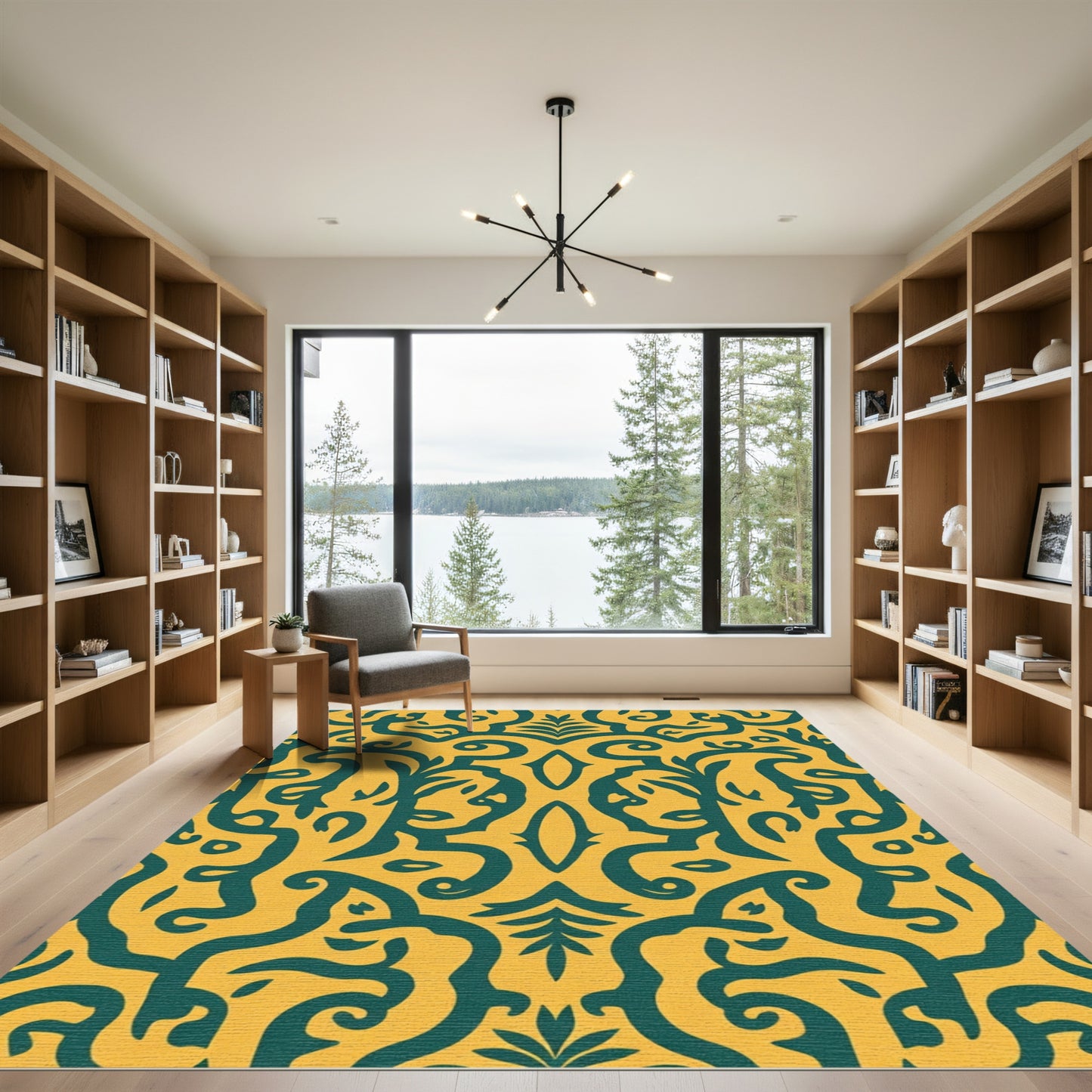 Amber Teal Damask Scrollwork Rug