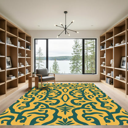 Amber Teal Damask Scrollwork Rug
