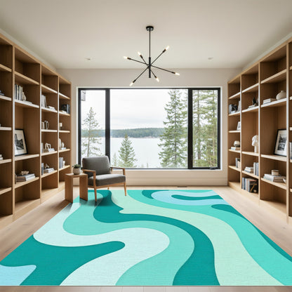 Teal Aqua Wavy Layered Abstract Rug