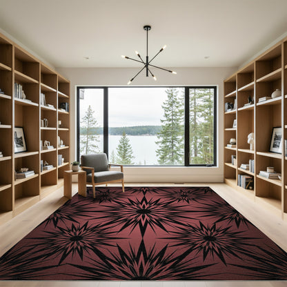 Dark Crimson Spiked Sunburst Art Rug