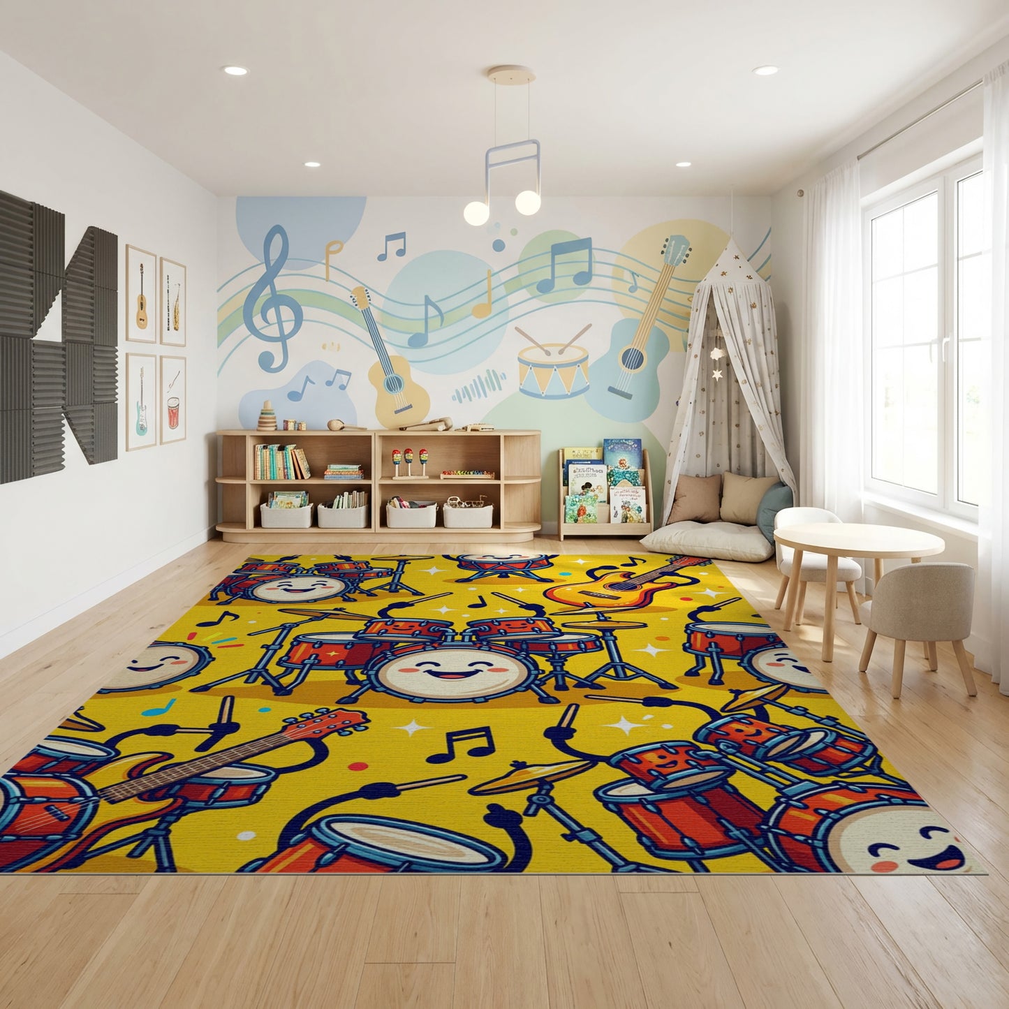 Playful Smiling Drums Guitars Notes Rug