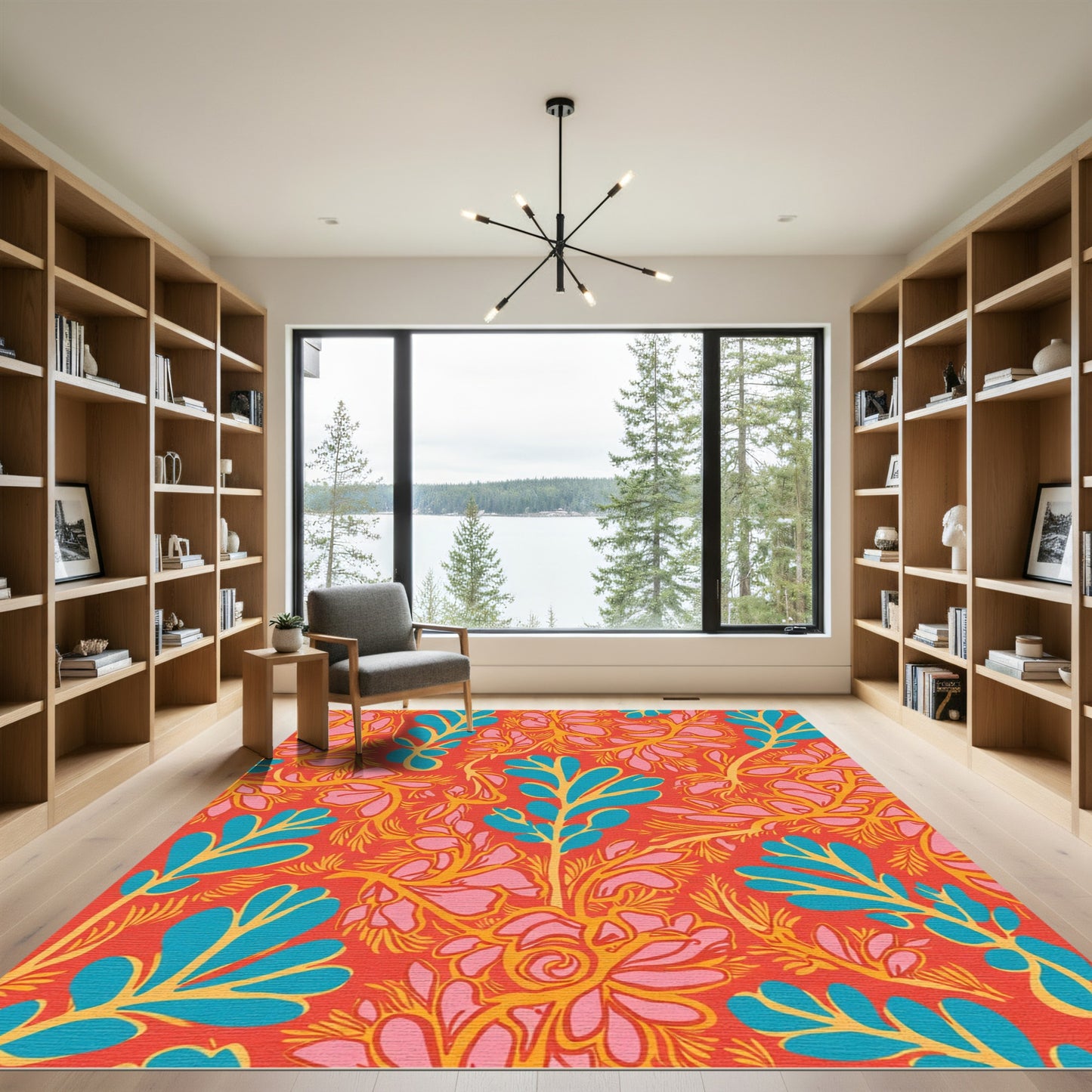 Vibrant Coral Floral Leaf Medley Rug