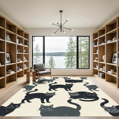 Whimsical Black Silhouette Cat Illustration Rug